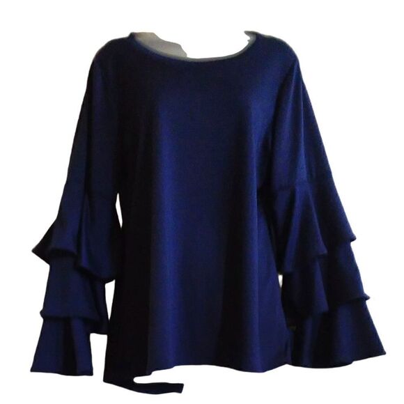 OSO Casuals Knit Top Triple Ruffled Sleeve & Ties in Back NAVY MEDIUM - Picture 2 of 5